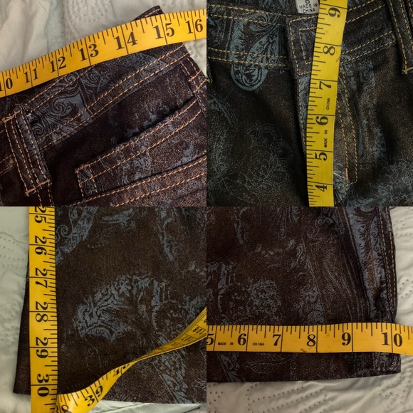 Cache Vintage Blue Paisley Print Flare Metallic Shimmer Mid Rise Jeans Y2K SZ 8 - Picture 15 of 16